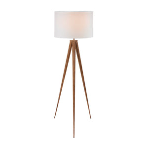 A metal tripod floor lamp with a wood-finish and a white drum shade.