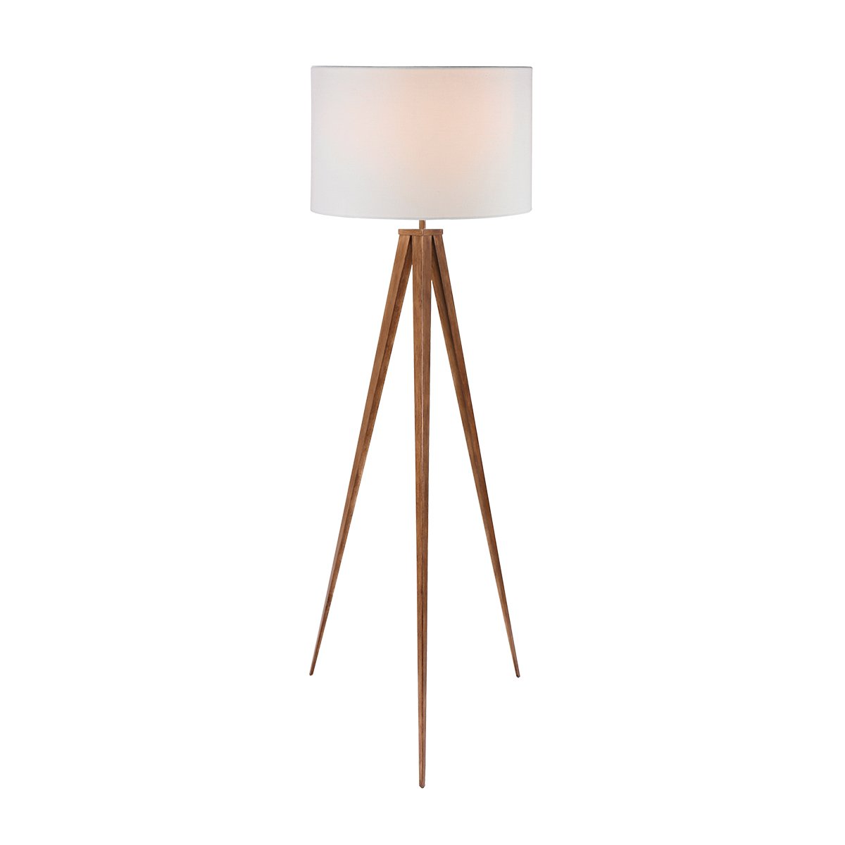 A metal tripod floor lamp with a wood-finish and a white drum shade.