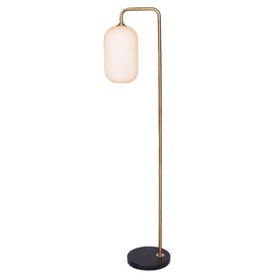 A Sarantino metal floor lamp with an opal glass shade and a black marble base, with a golden finish.