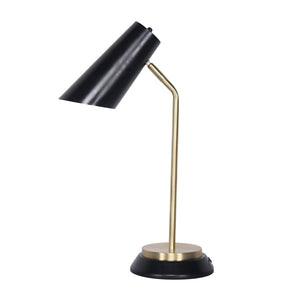 A brass finish table lamp with a black shade, featuring a double-layer base and an adjustable neck, suitable for reading or task lighting.