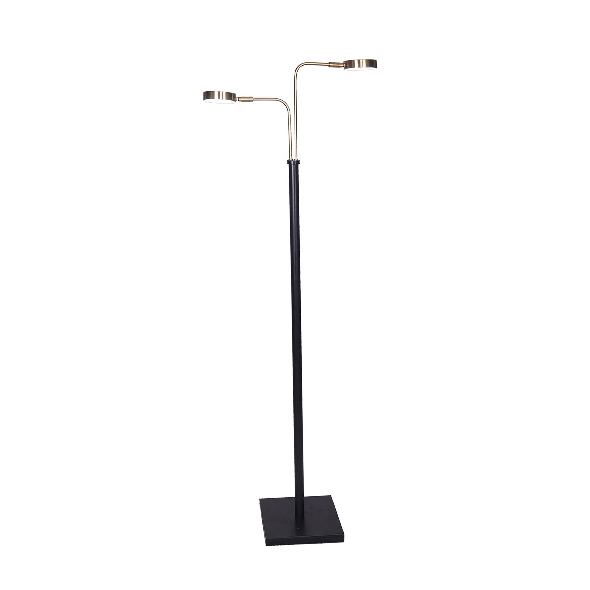 A floor lamp with a black metal base and two-tone design, featuring brushed gold arms and two adjustable LED light fixtures.