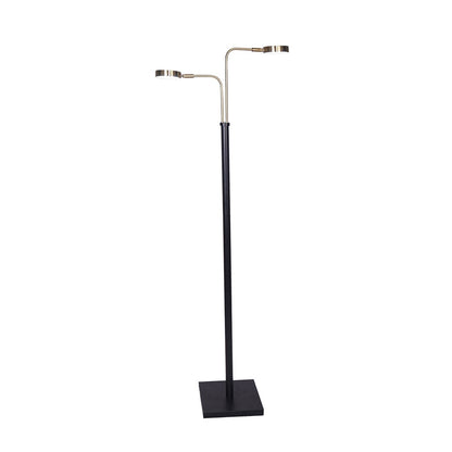 A floor lamp with a black metal base and two-tone design, featuring brushed gold arms and two adjustable LED light fixtures.