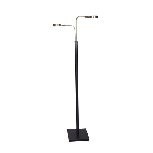 A floor lamp with a black metal base and two-tone design, featuring brushed gold arms and two adjustable LED light fixtures.