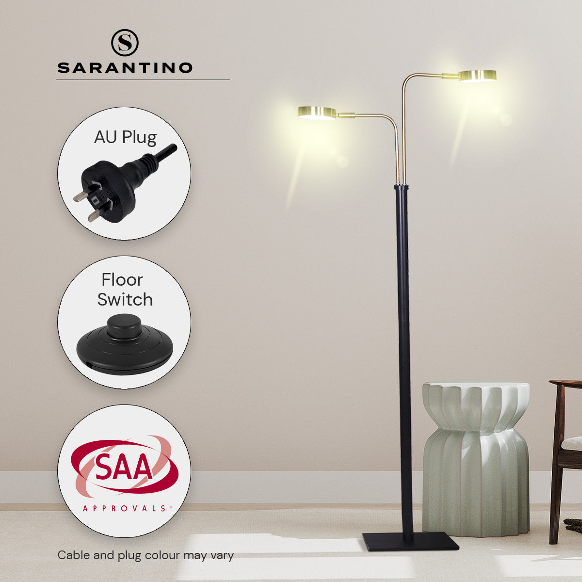 Sarantino LED Metal Floor Lamp with 2 Lights Gold and Black Finish