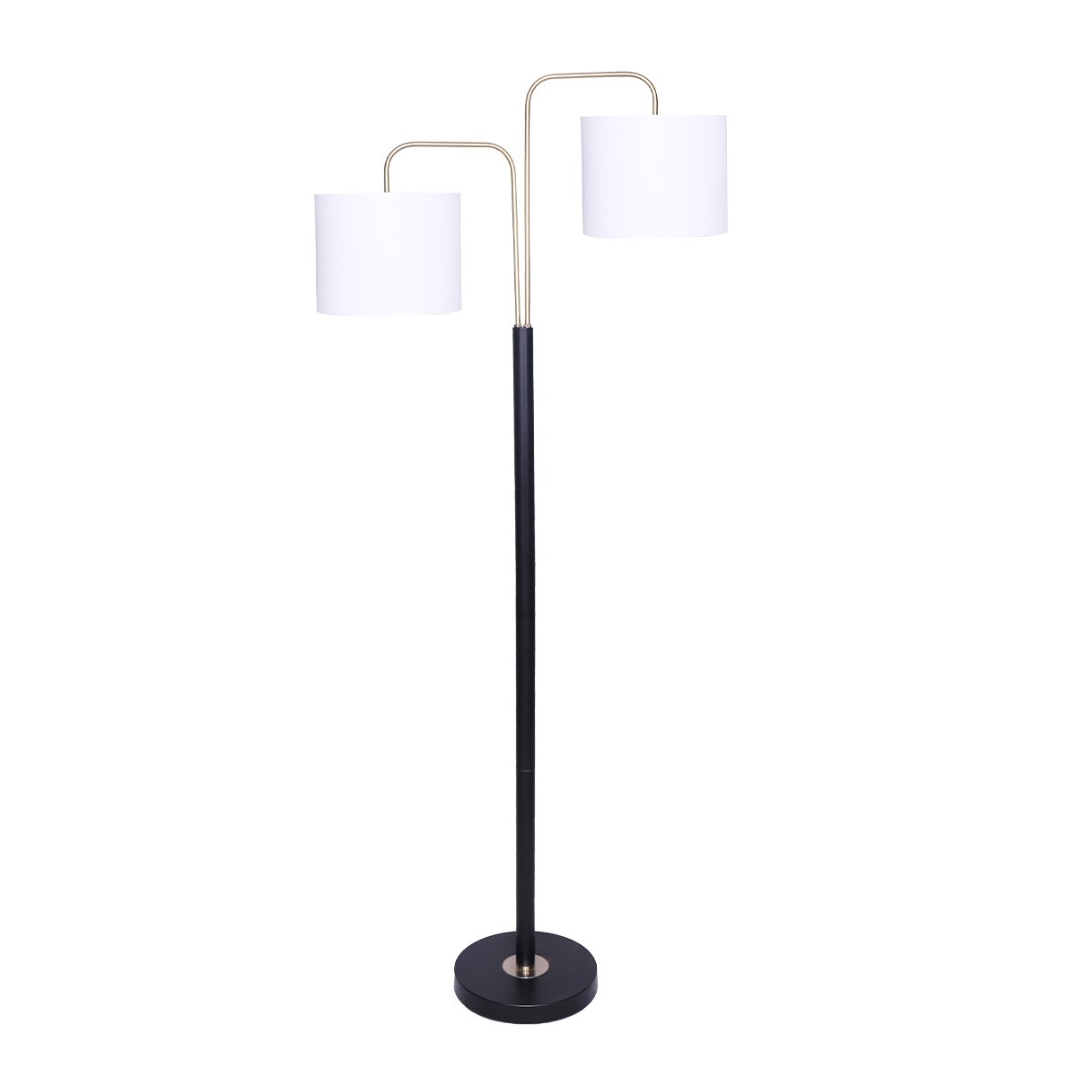 A floor lamp with a black base and brass finish accents, featuring two white linen shades.