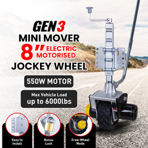 Electric motorized jockey wheel with specifications on a road background