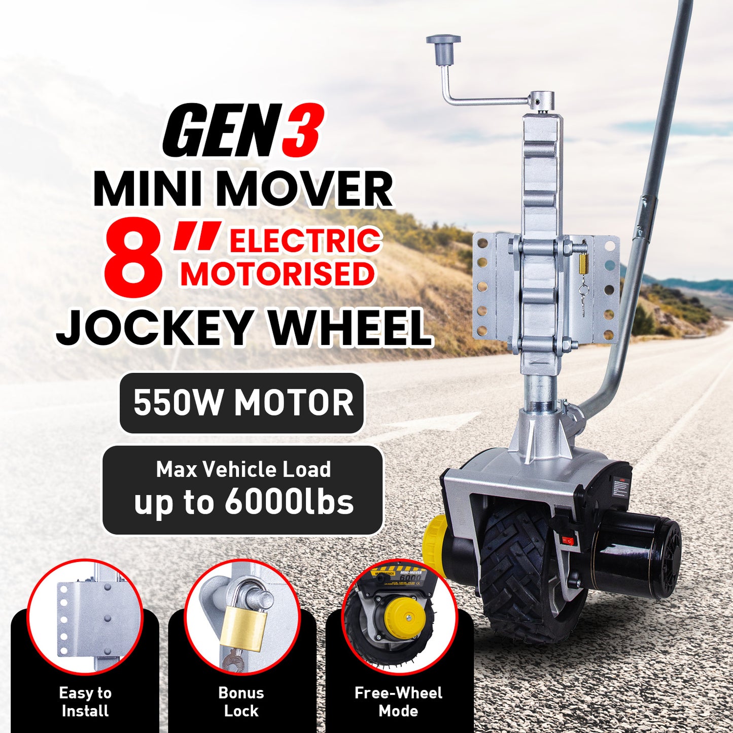 Electric motorized jockey wheel with specifications on a road background