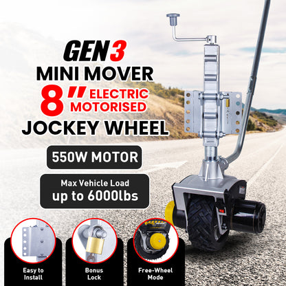 Electric motorized jockey wheel with specifications on a road background