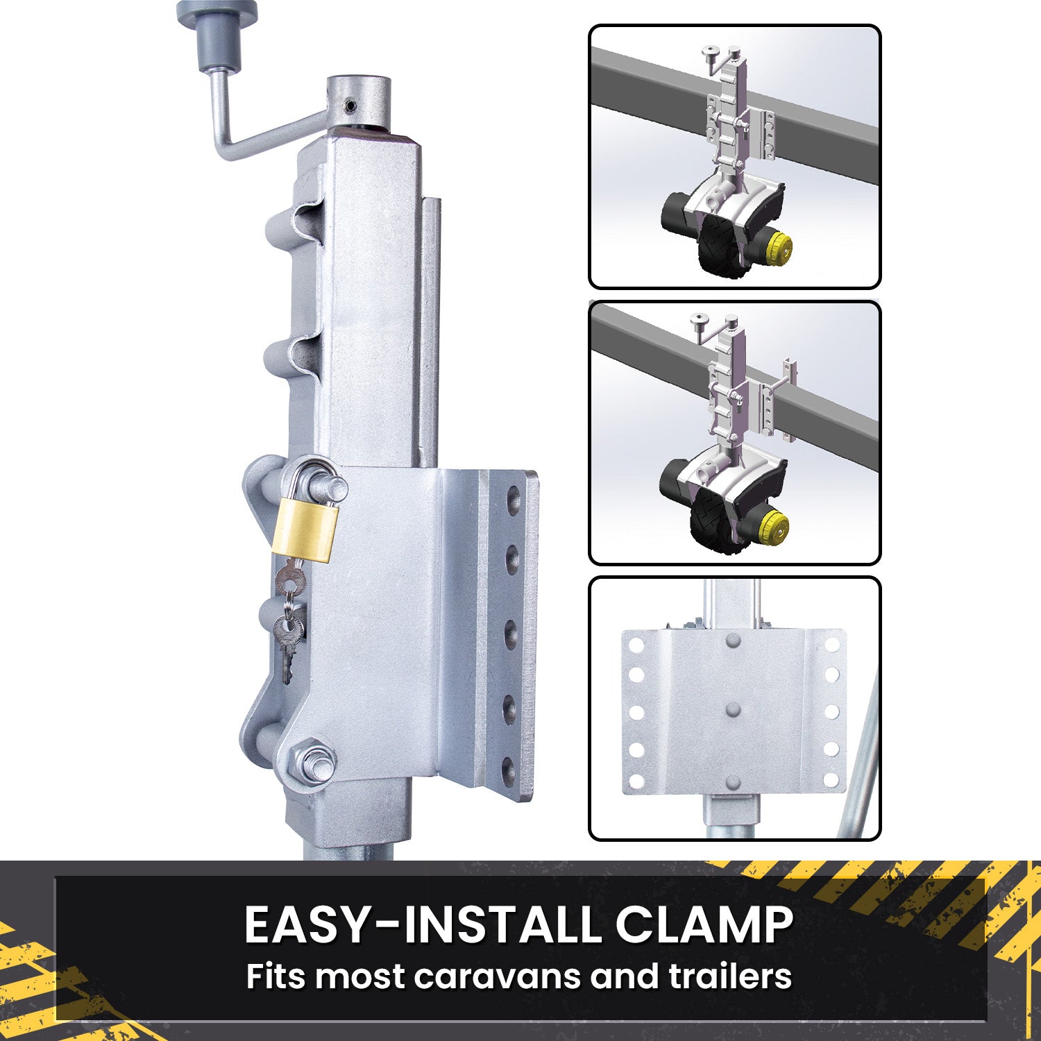 Metal clamp with installation instructions on a white background