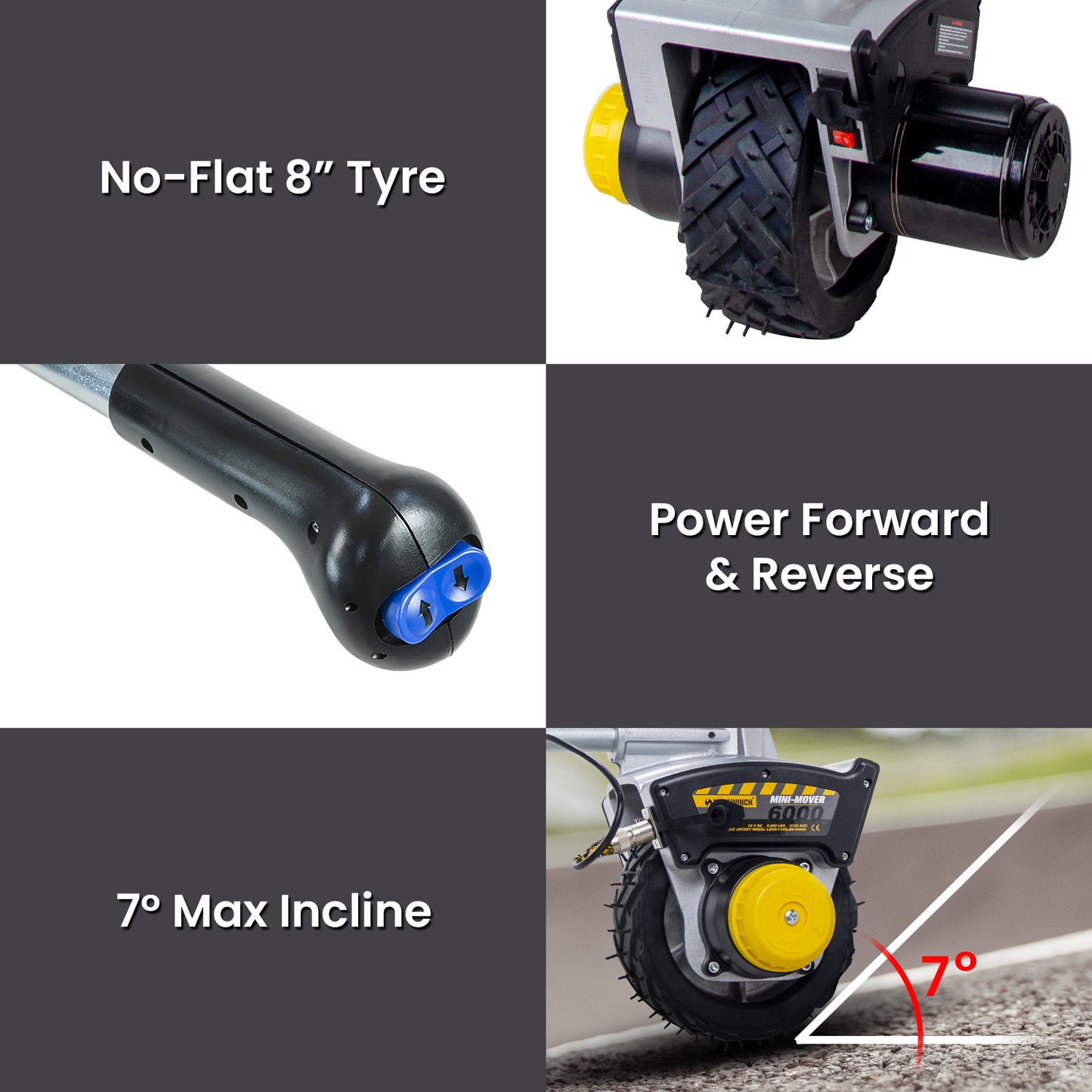 Product features including no-flat 8-inch tire, power forward & reverse, and 7-degree max incline.