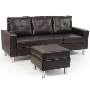 Brown leather sofa with matching ottoman on a white background