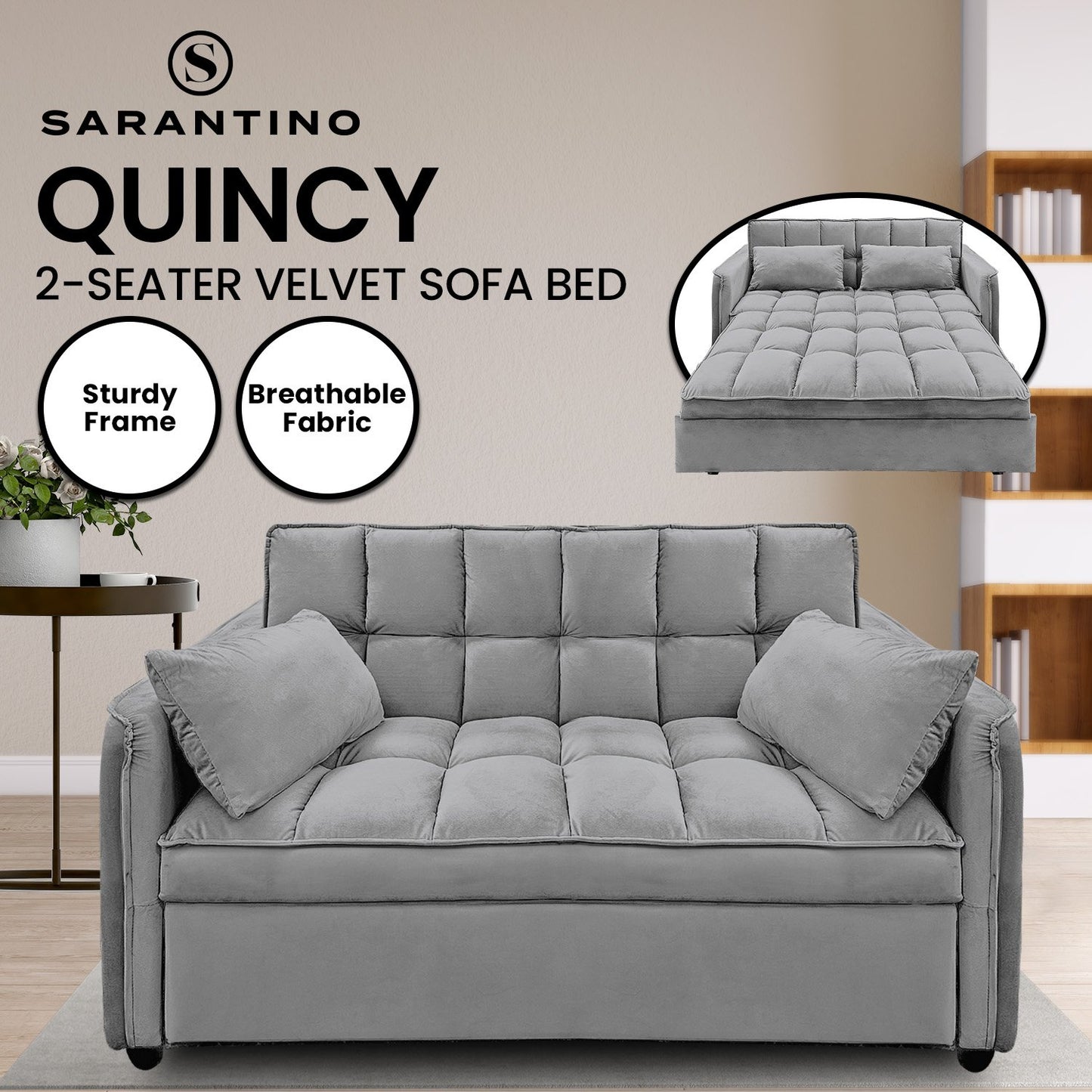 Sarantino Quincy 2-Seater Velvet Sofa Bed in Dark Grey