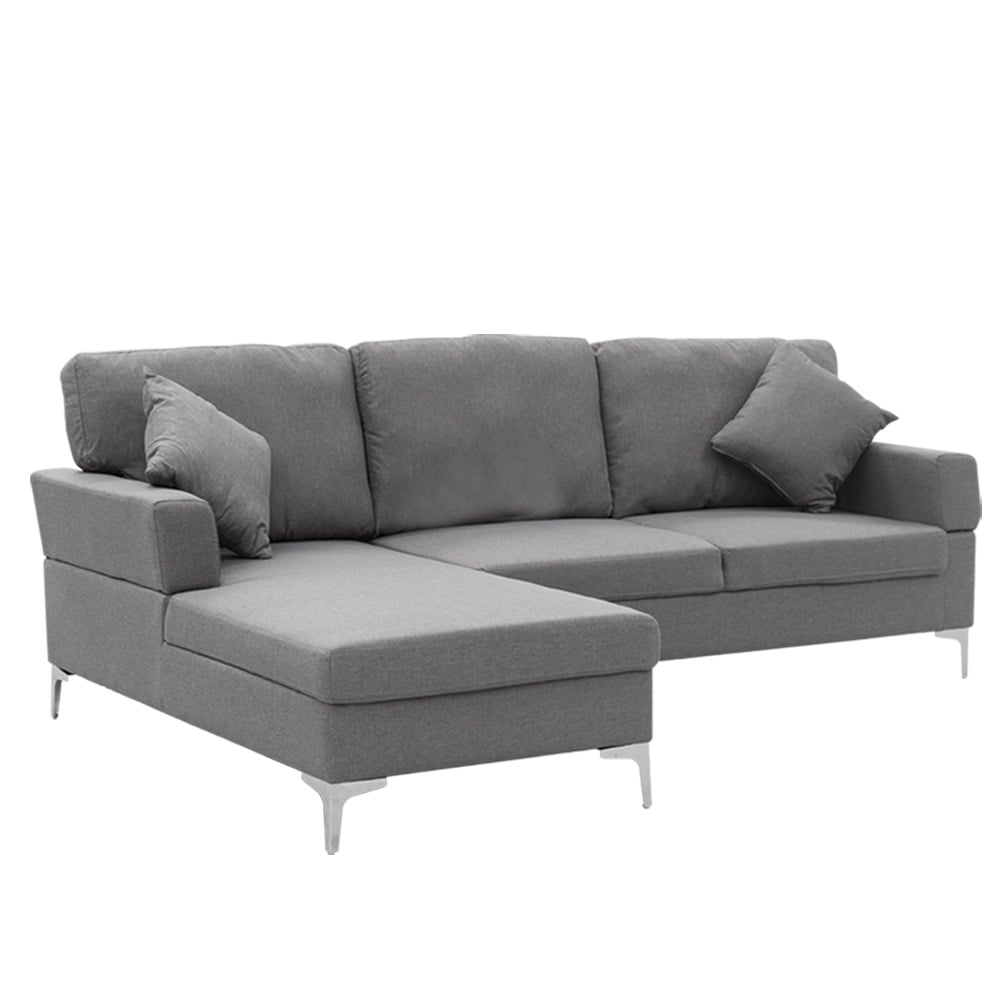 A dark grey Sarantino linen corner sofa with a right side chaise, featuring chrome-painted legs and high-density foam cushions.