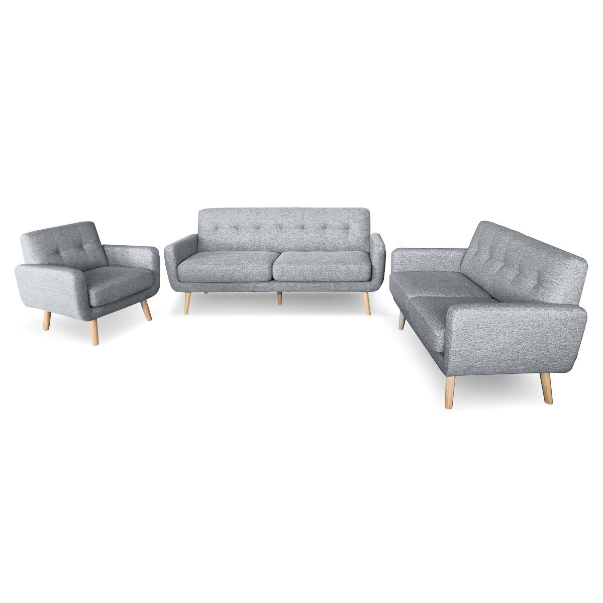 A set of Sarantino furniture featuring a light grey linen sofa set with three pieces including a three-seater sofa, a two-seater sofa, and an armchair, all with wooden legs.