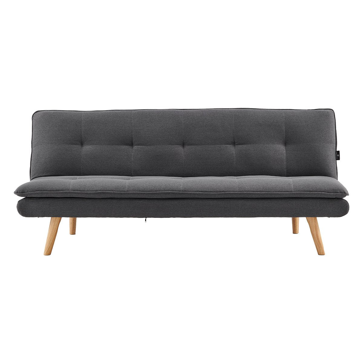 Gray sofa bed with wooden legs on a white background