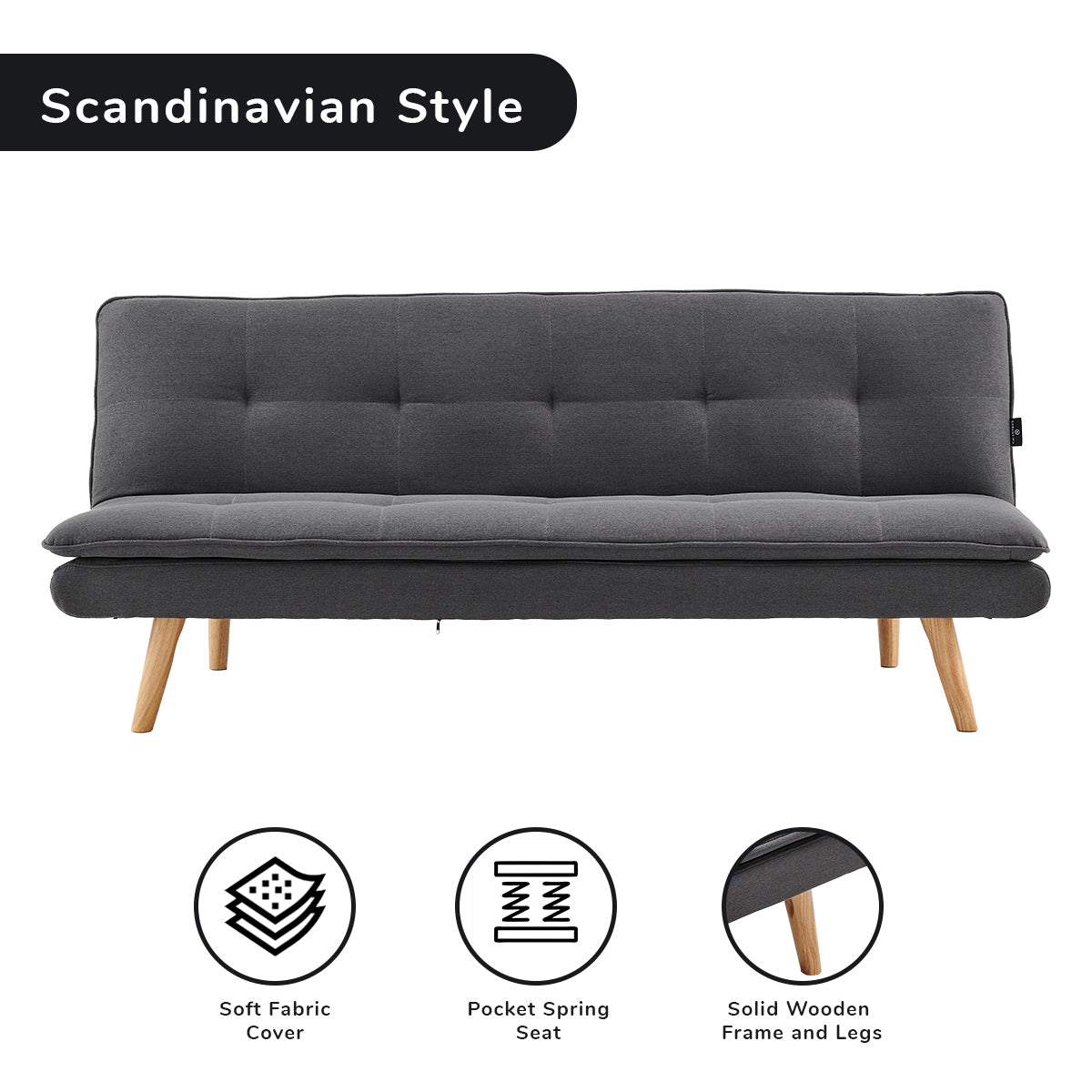 Gray sofa with wooden legs on a white background, featuring icons for soft fabric cover, pocket spring seat, and solid wooden frame and legs.