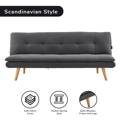 Gray sofa with wooden legs on a white background, featuring icons for soft fabric cover, pocket spring seat, and solid wooden frame and legs.