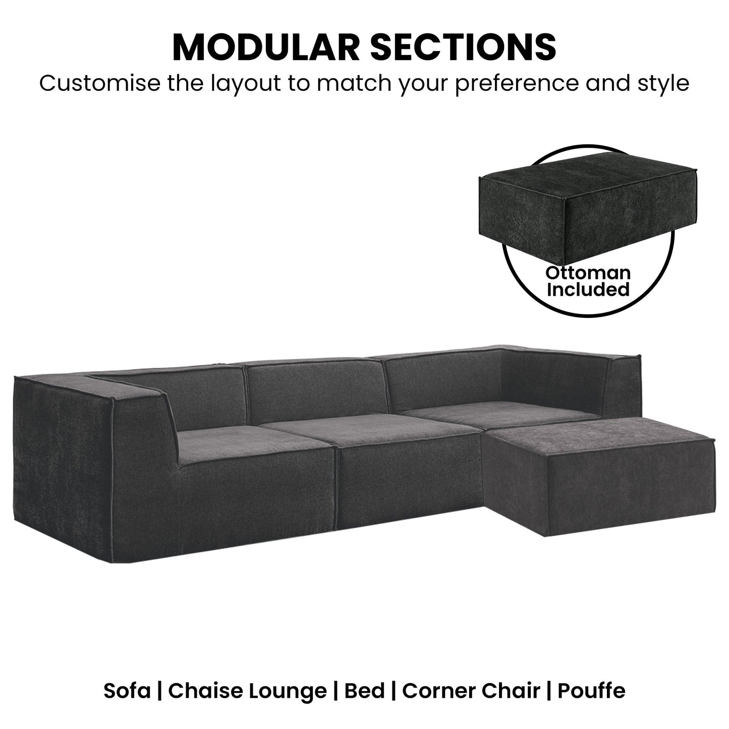 Modular sectional sofa with ottoman on a white background