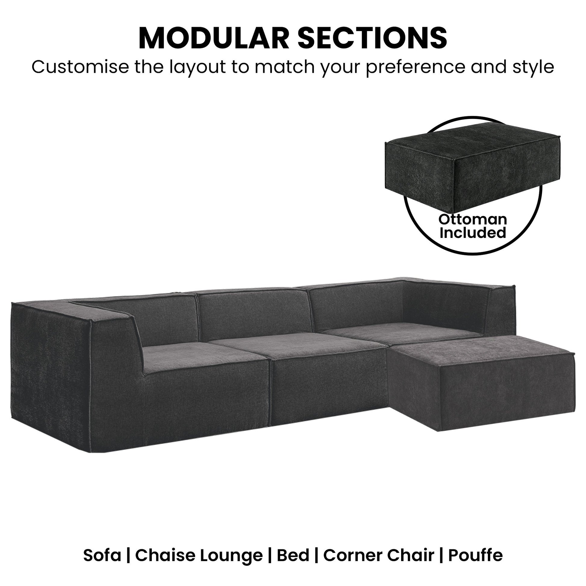 Modular sectional sofa with ottoman on a white background