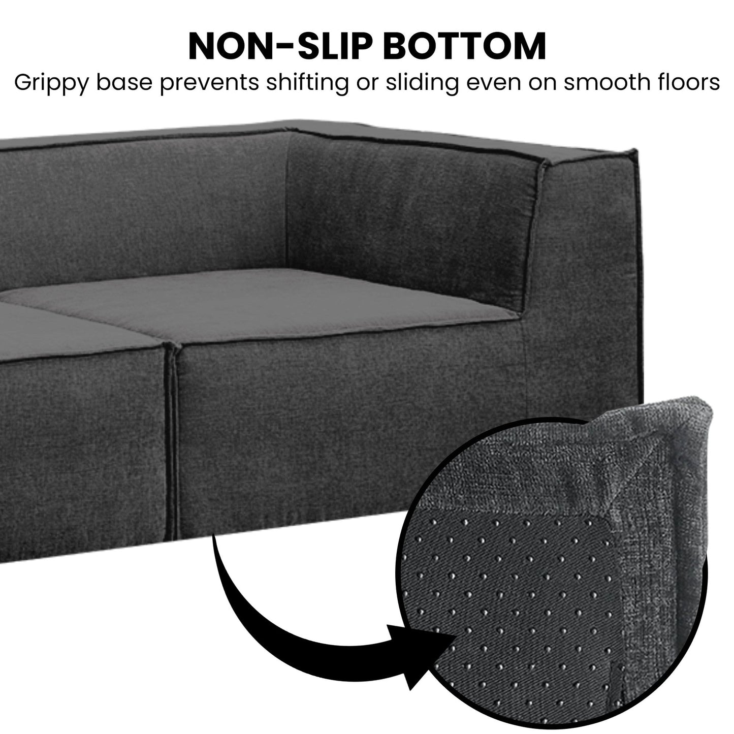 Gray sectional sofa with a close-up of the non-slip bottom and text indicating its feature.