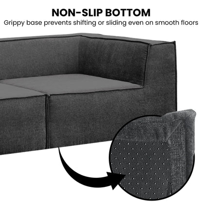 Gray sectional sofa with a close-up of the non-slip bottom and text indicating its feature.