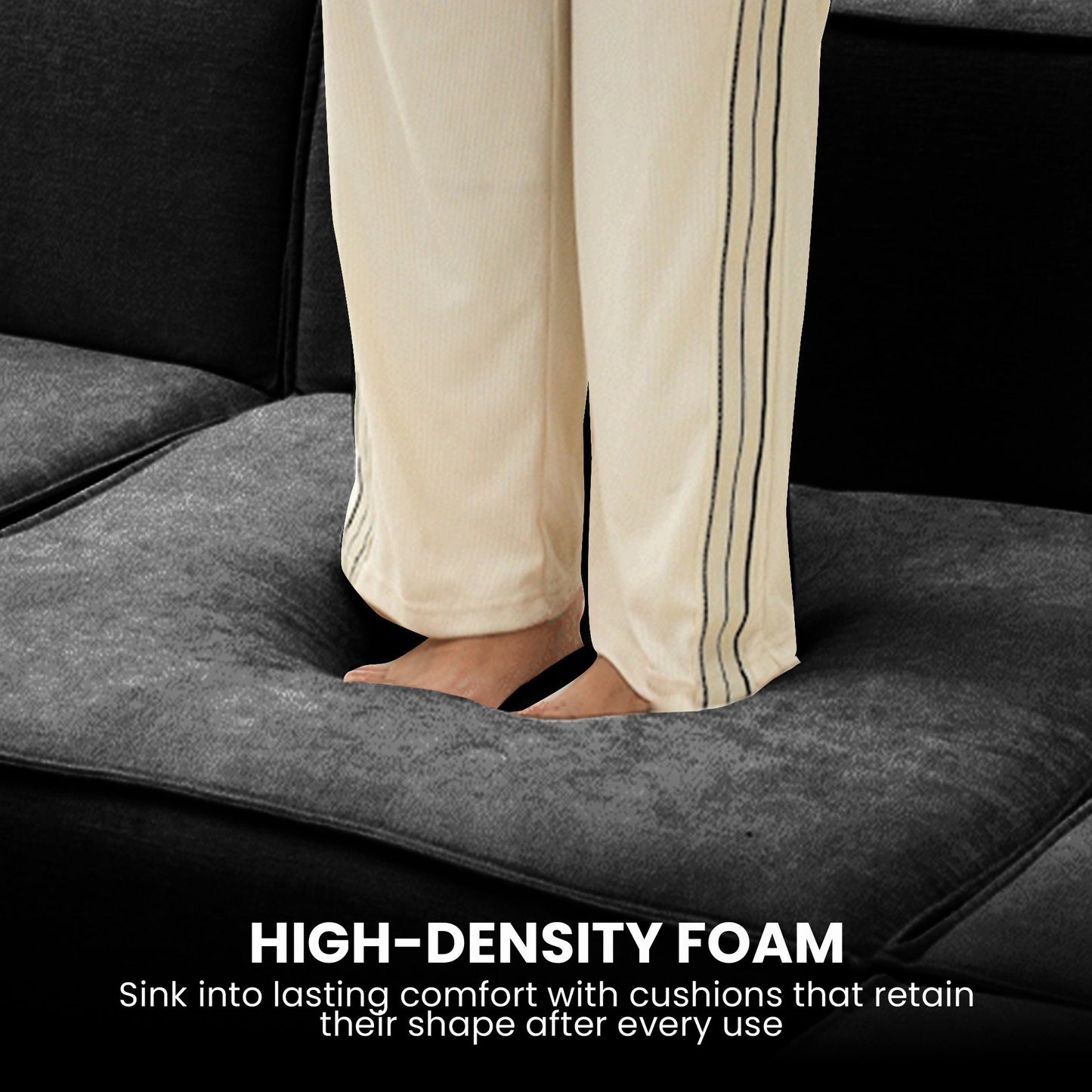 Person standing on a gray cushion with text about high-density foam