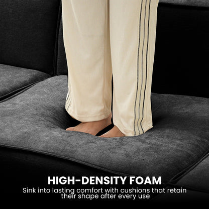 Person standing on a gray cushion with text about high-density foam