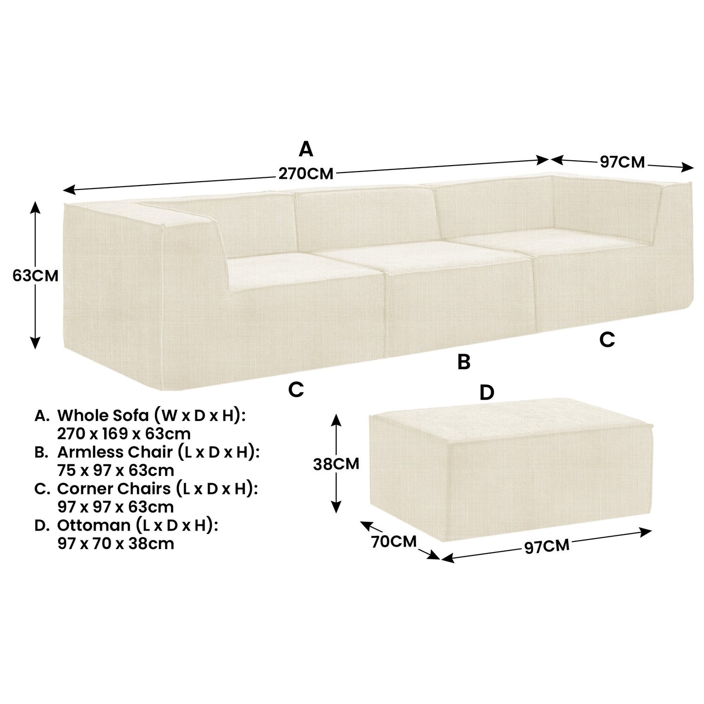 Sarantino Novi 3-Seater Modular Sofa with Ottoman in Cream Non-Slip Bottom Lounge