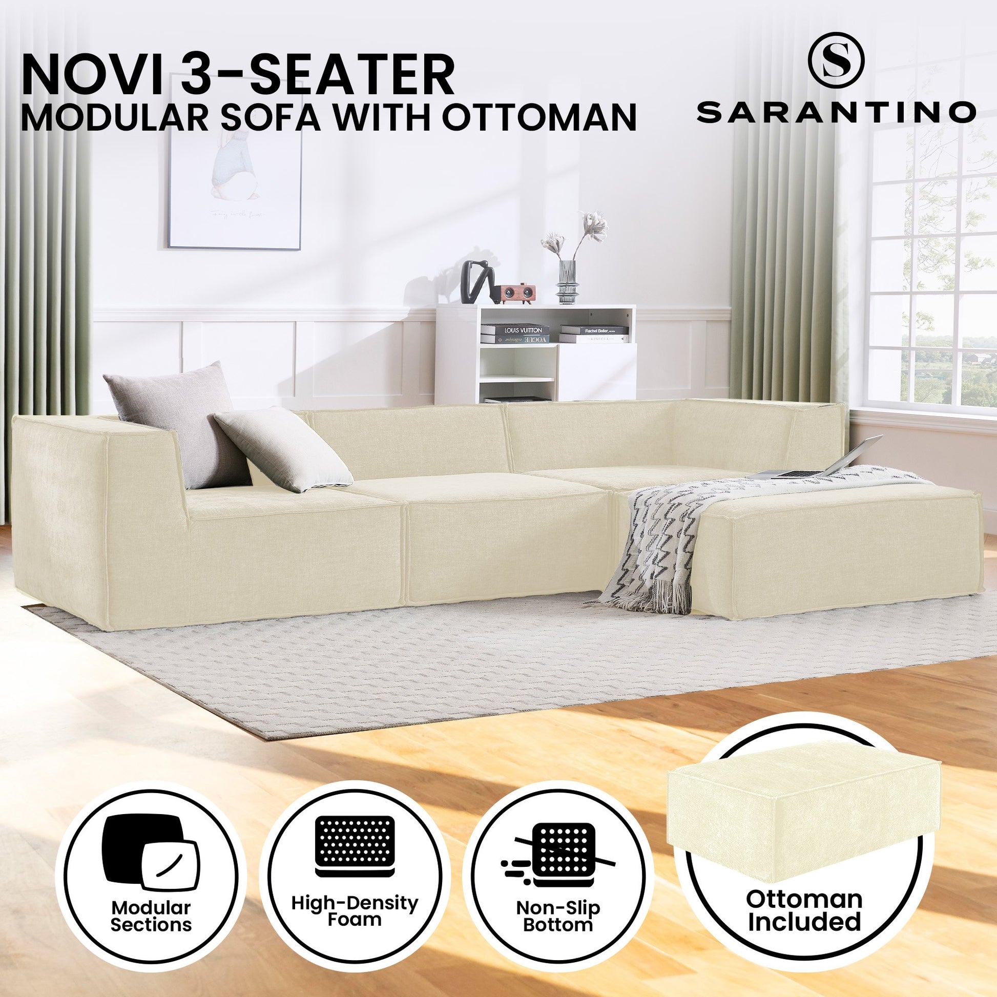Beige modular sofa with ottoman in a living room setting, featuring Sarantino brand.