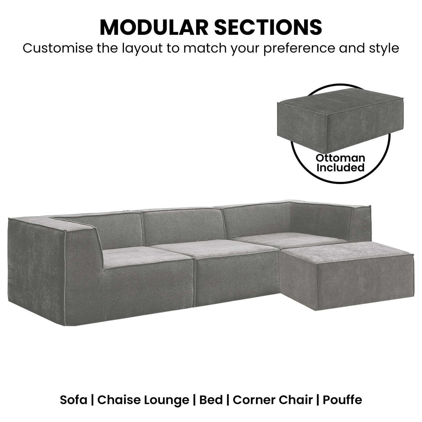 Gray sectional sofa with ottoman on a white background, featuring text about customizable layout.