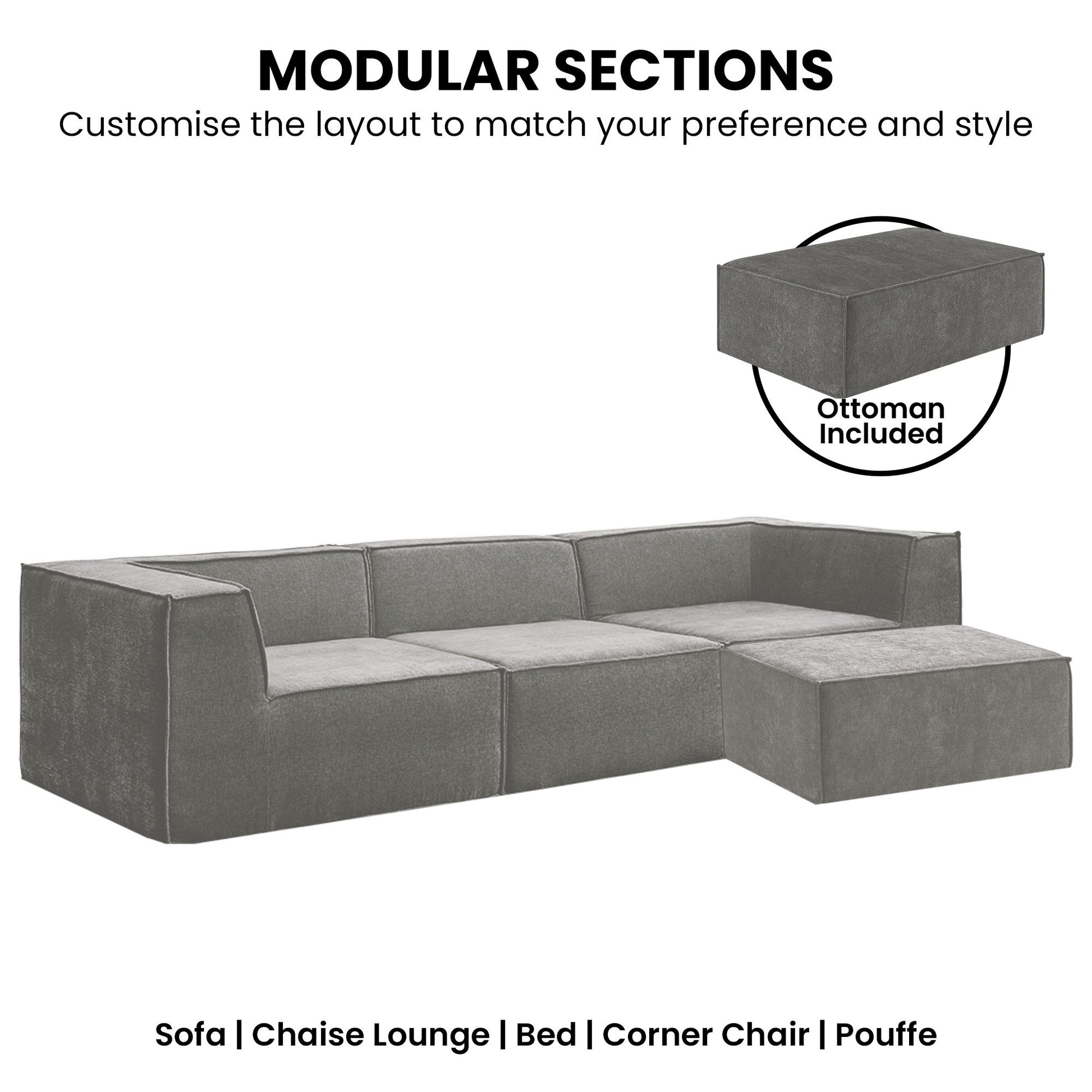 Gray sectional sofa with ottoman on a white background, featuring text about customizable layout.