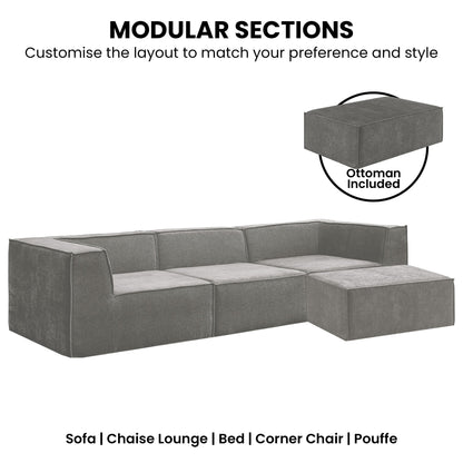 Gray sectional sofa with ottoman on a white background, featuring text about customizable layout.