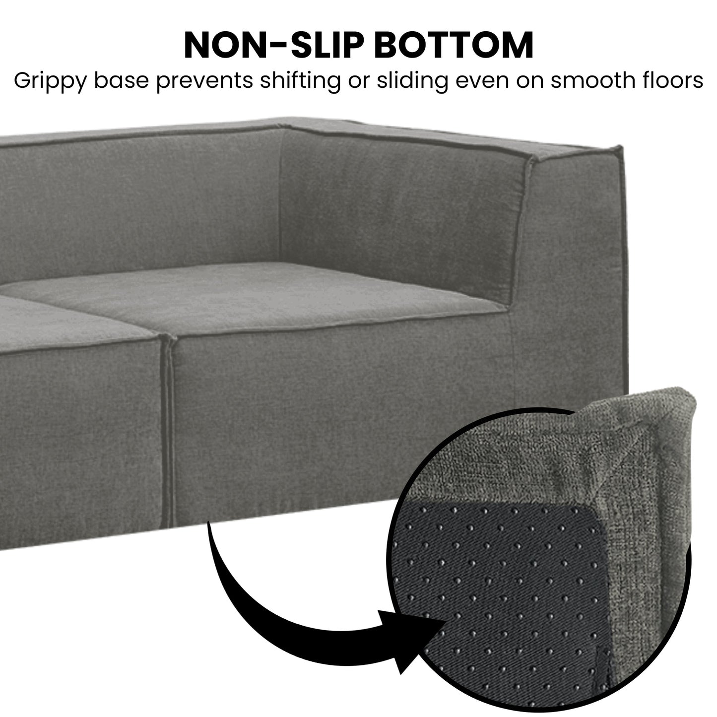 Gray sofa with a close-up of the non-slip bottom and text indicating it prevents shifting or sliding.