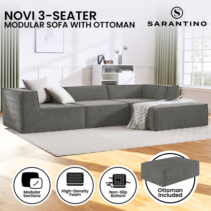 Gray modular sofa with ottoman in a living room setting, featuring Sarantino brand.