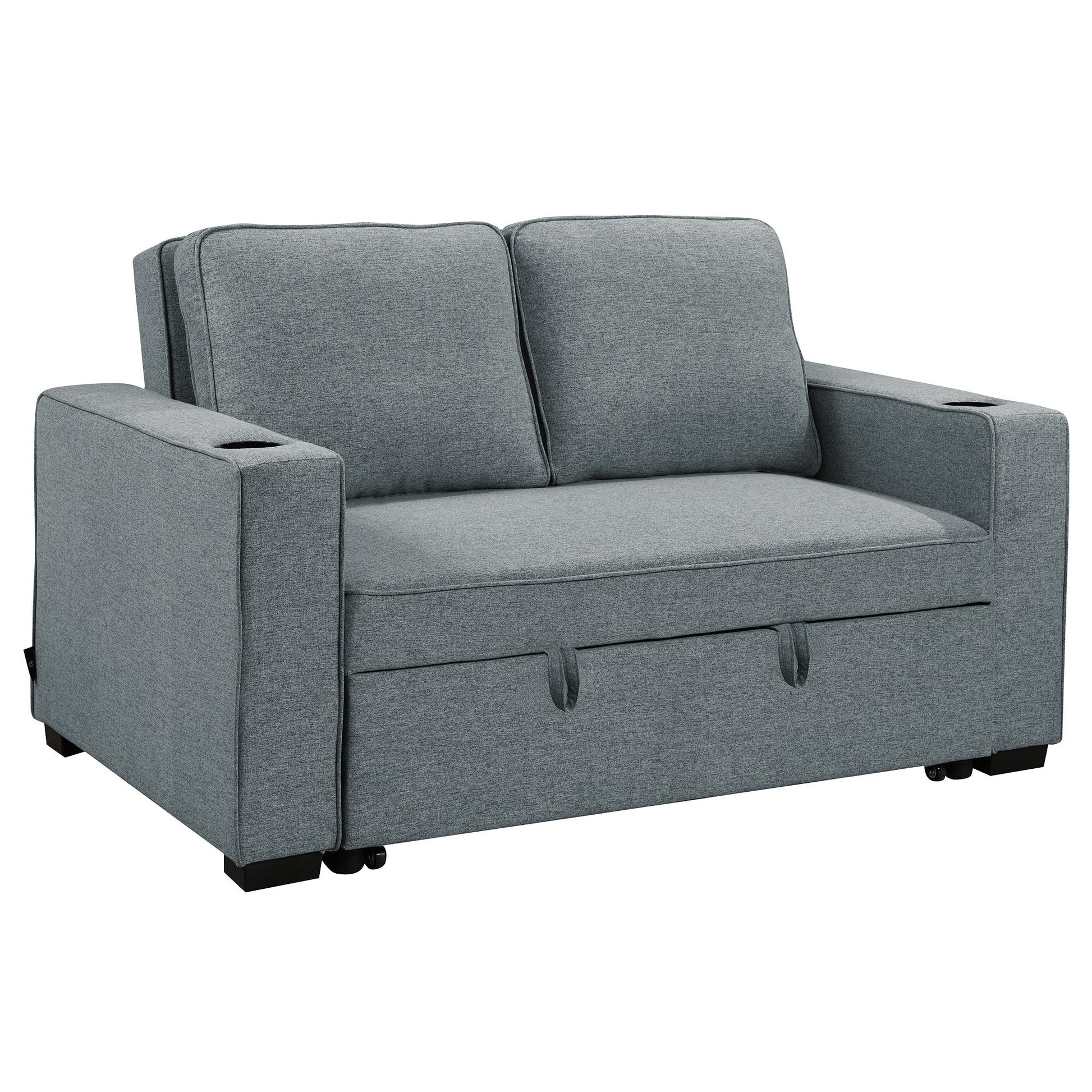 Gray sofa bed with storage drawers on a white background
