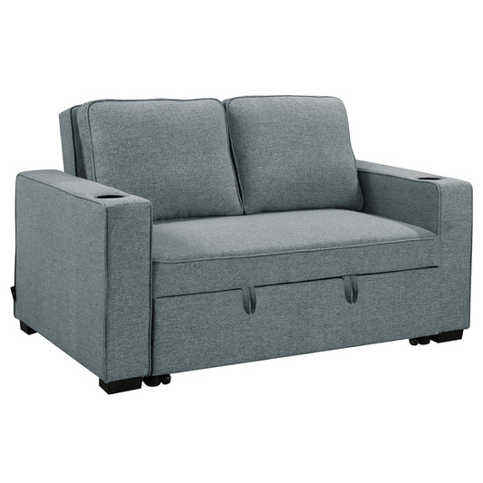 Gray sofa bed with storage drawers on a white background