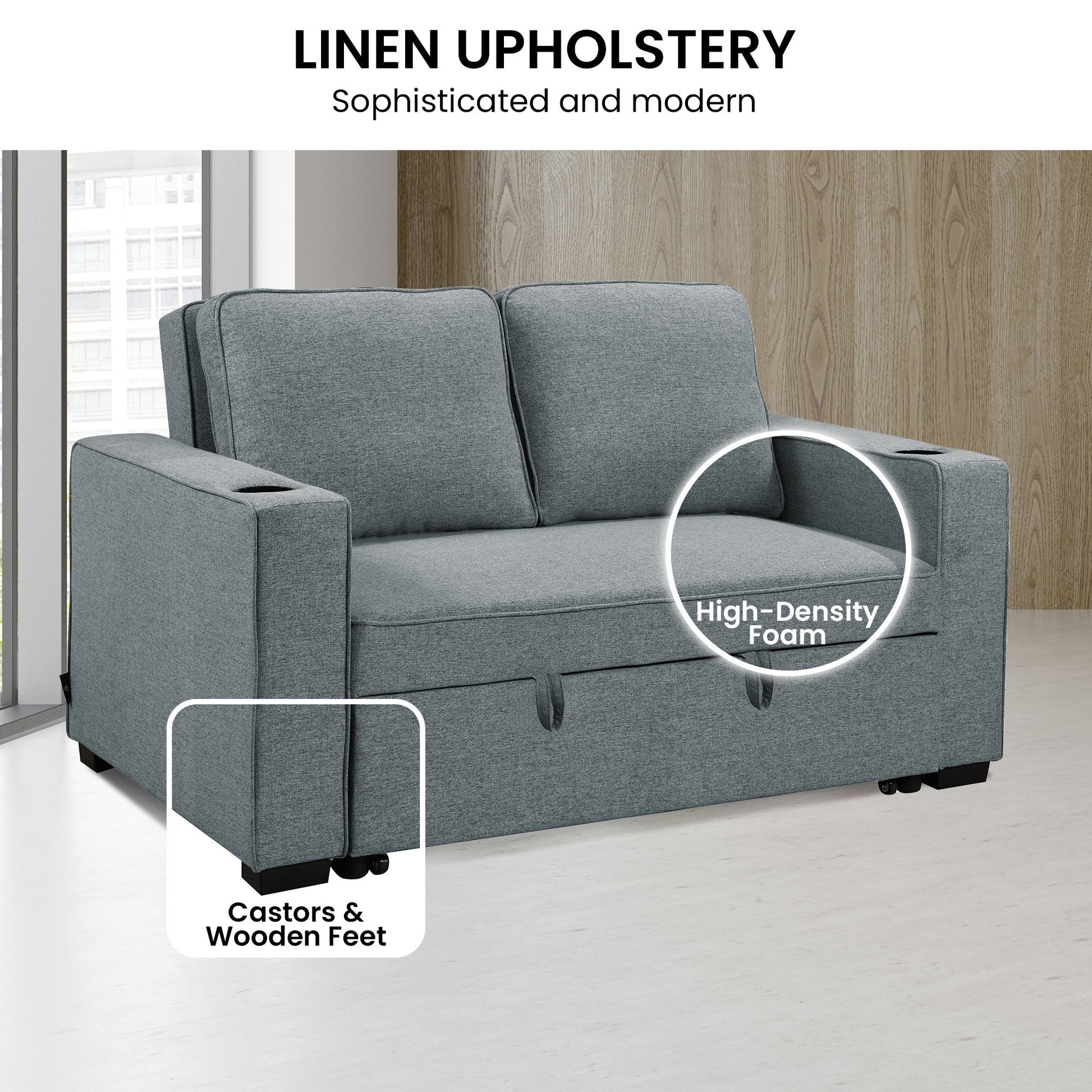 Gray sofa with linen upholstery, high-density foam, casters, and wooden feet highlighted.