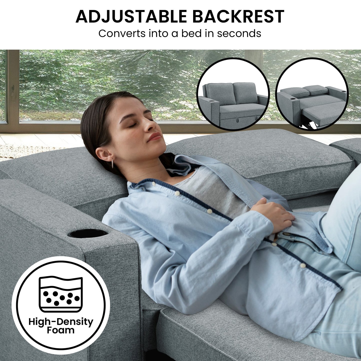Woman relaxing on a convertible sofa with adjustable backrest feature.