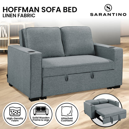 Gray sofa bed with Sarantino branding on a wooden floor.