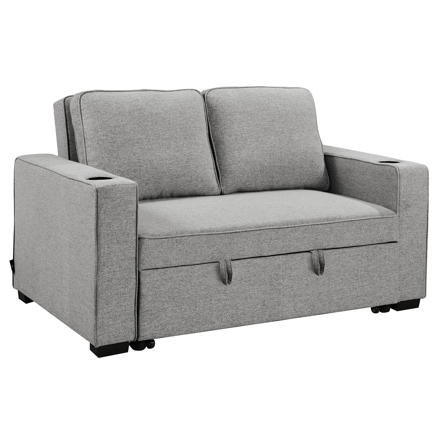 A light grey linen sofa bed with cushions and built-in cup holders, in a Scandinavian-style design.