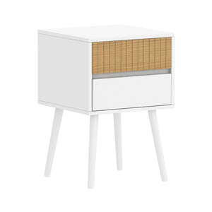 A contemporary white bedside table with a natural wood drawer front and two drawers, supported by pinewood legs.