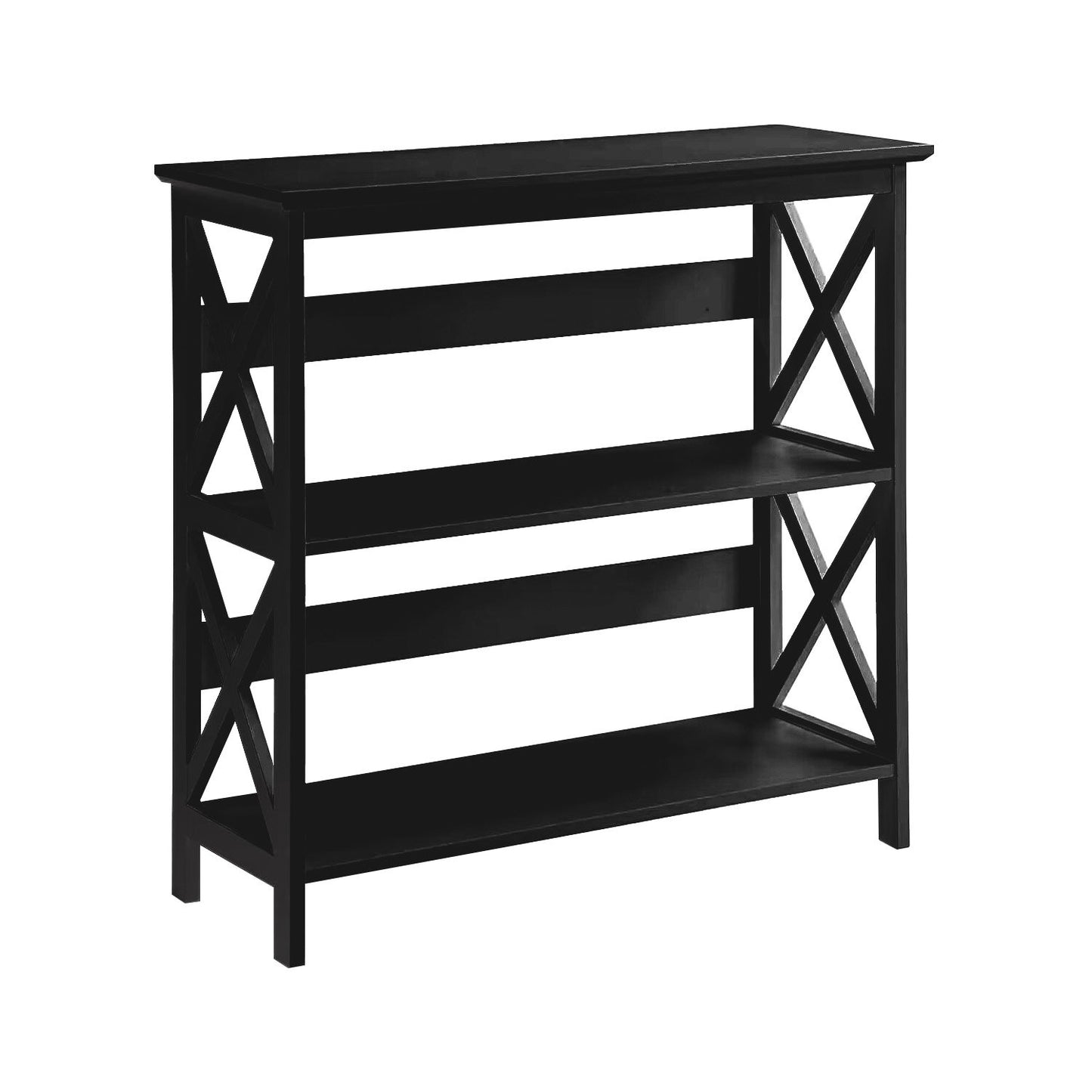 Black bookshelf with X-shaped design on a white background