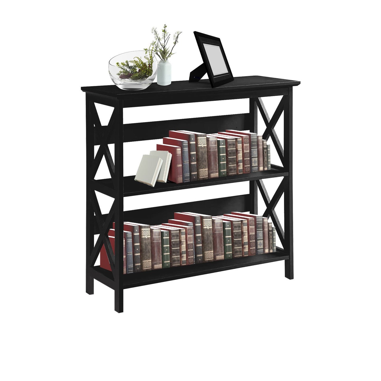Black bookshelf with books and decorative items on a white background