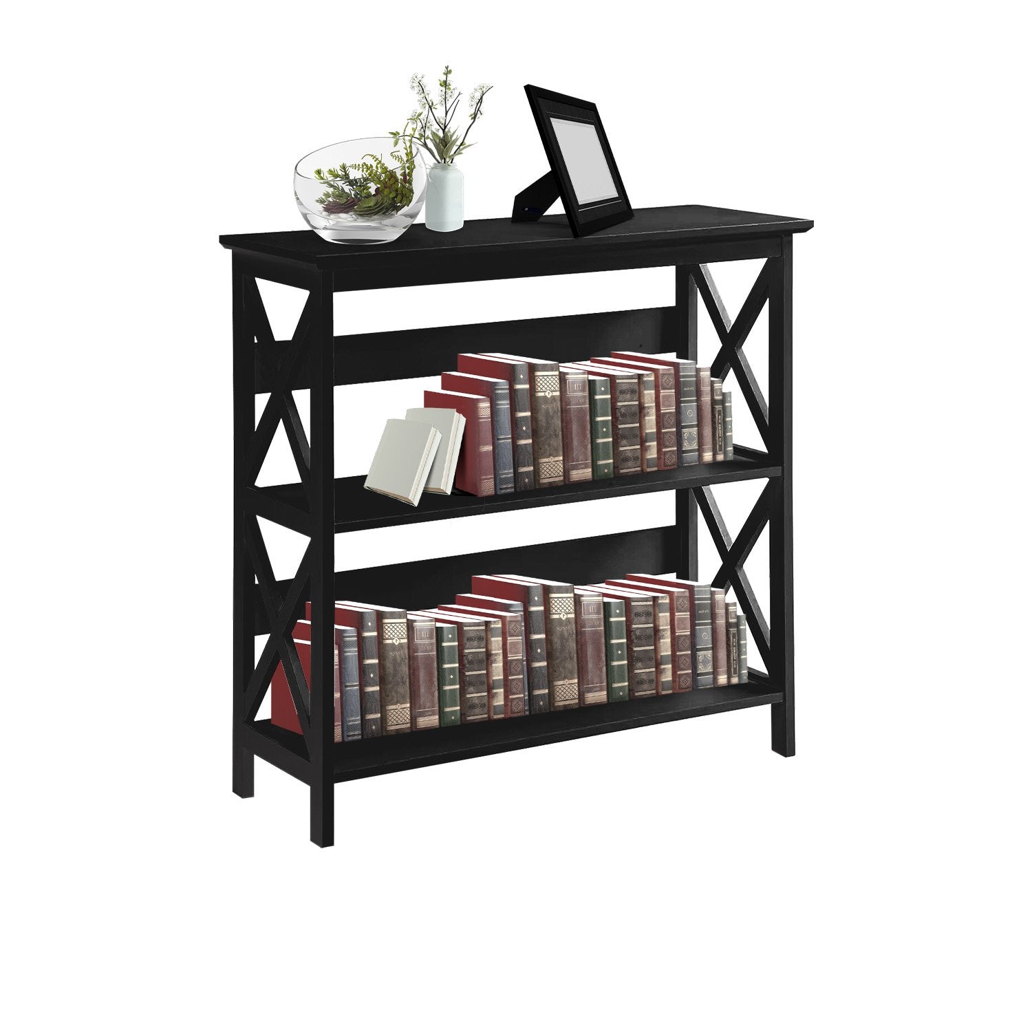 Black bookshelf with books and decorative items on a white background