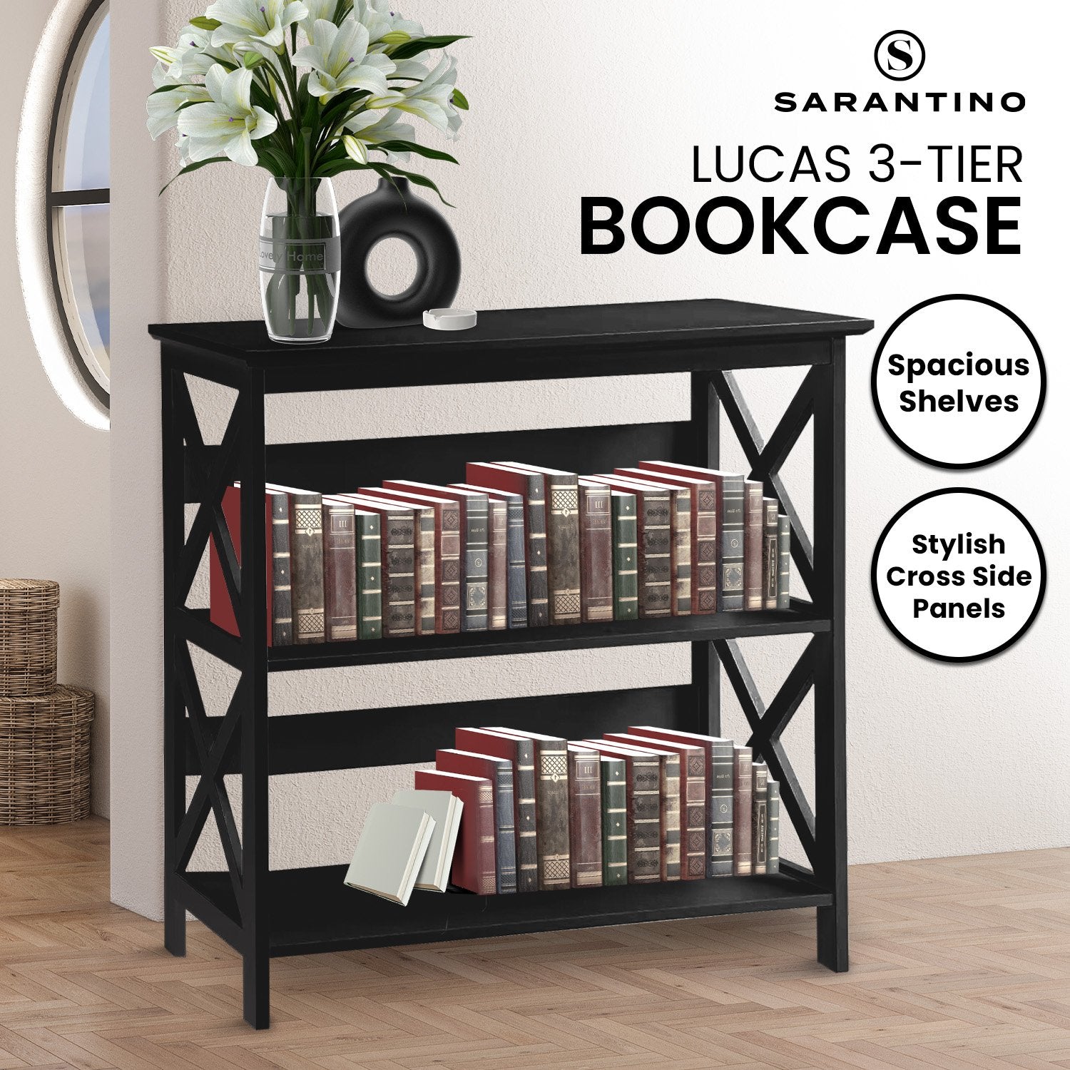 Black bookcase with books and a vase on a wooden floor, featuring the brand 'Sarantino'.