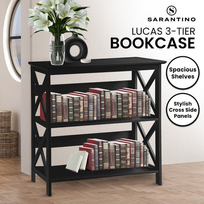Black bookcase with books and a vase on a wooden floor, featuring the brand 'Sarantino'.