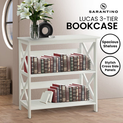 White bookcase with books and a vase, featuring the brand 'Sarantino'.