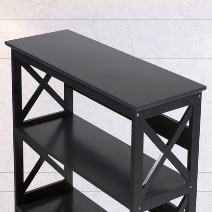 Black console table with cross-brace design on a light gray background