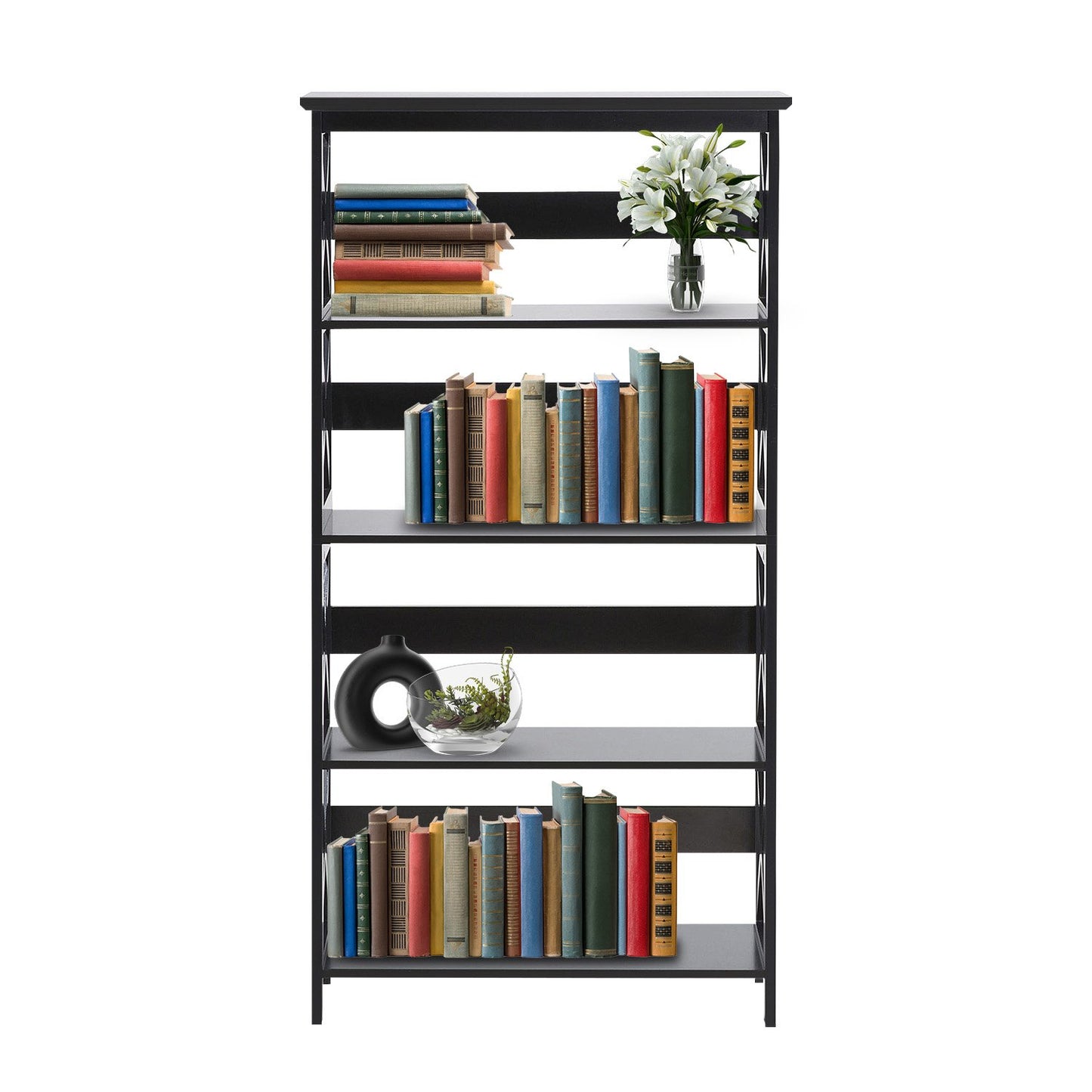 Black bookshelf with books and decorative items on a white background
