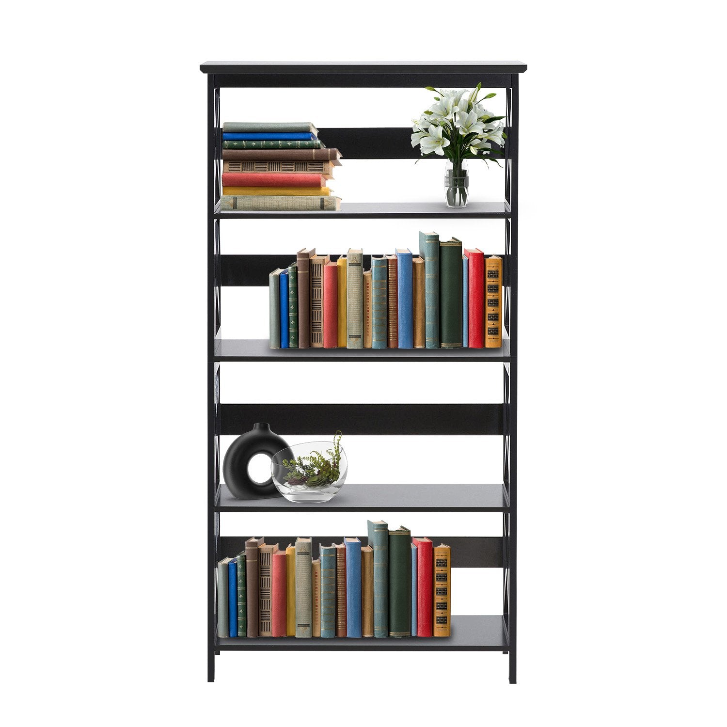Black bookshelf with books and decorative items on a white background